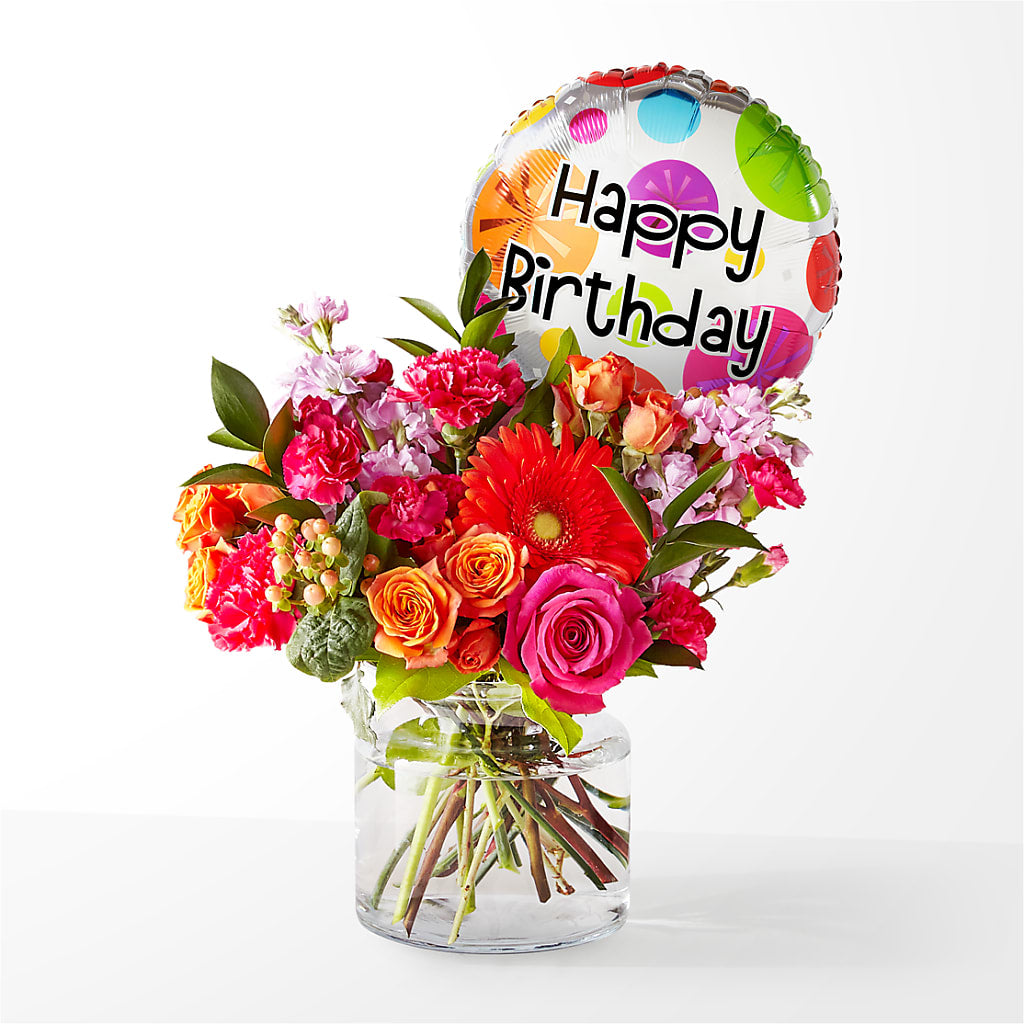 Fiesta Bouquet with Birthday Balloon – Flowers By Marianne, Hampton Falls NH