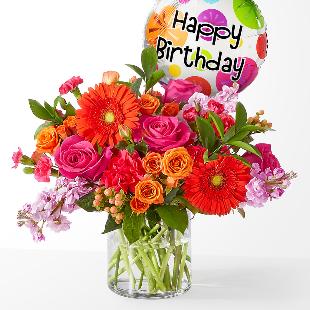 Fiesta Bouquet with Birthday Balloon – Flowers By Marianne, Hampton Falls NH