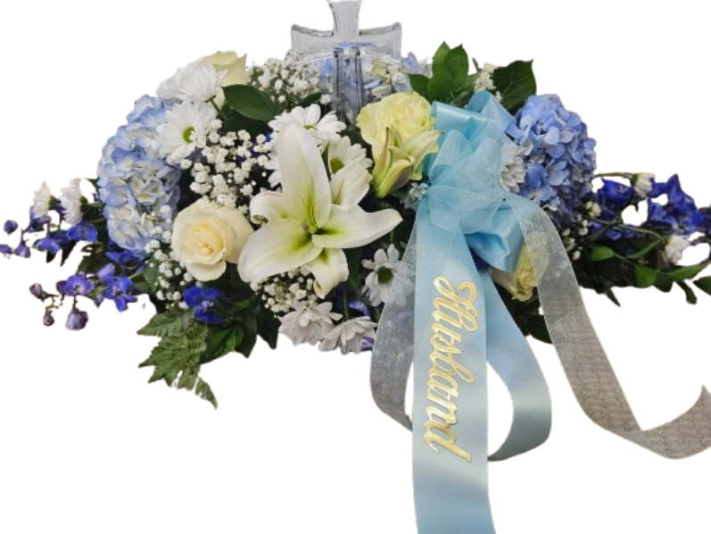 Blue and White Casket Cover with Crystal Cross – Flowers By Marianne, Hampton Falls NH