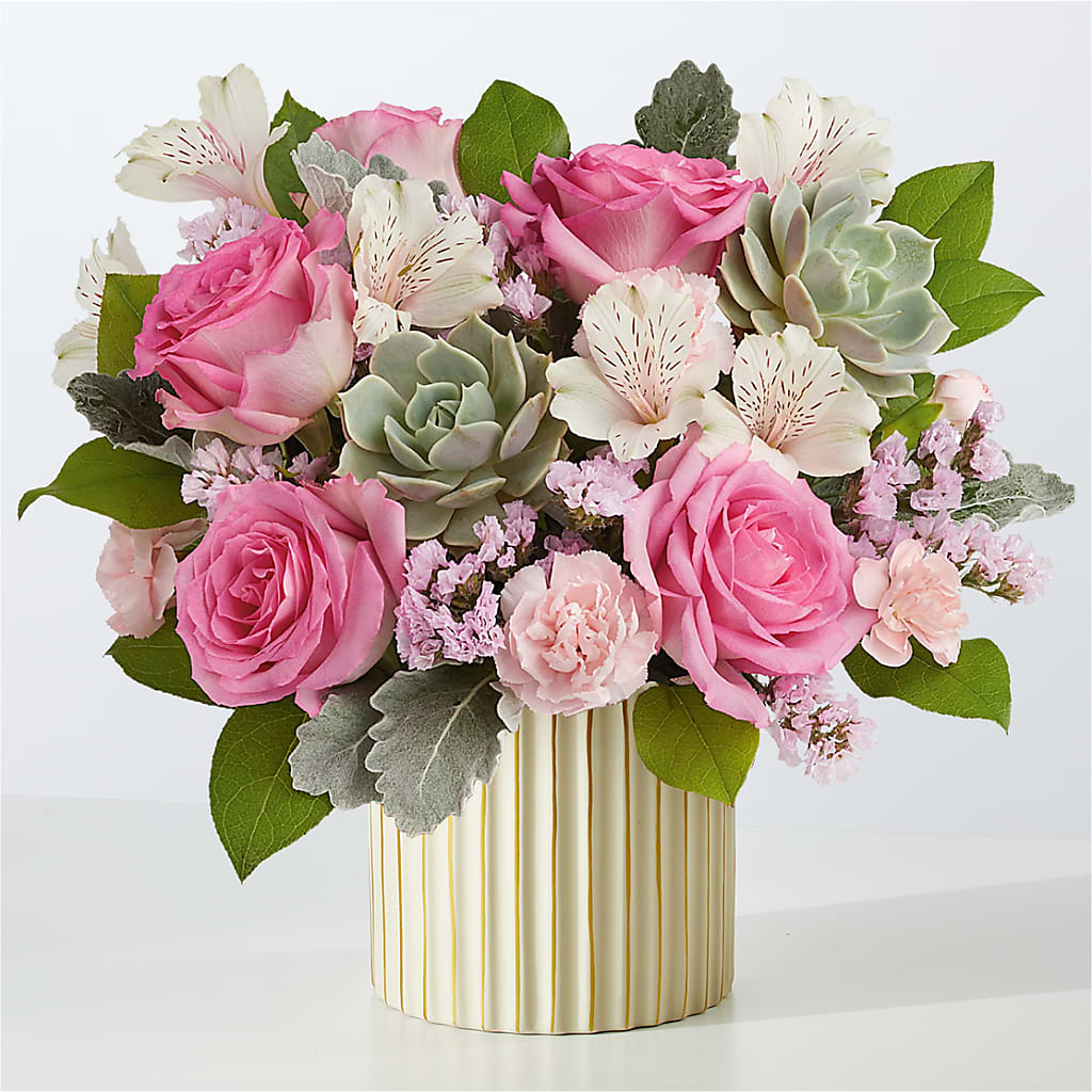 Dusty Rose Bouquet with Ivory Vase – Flowers By Marianne, Hampton Falls NH