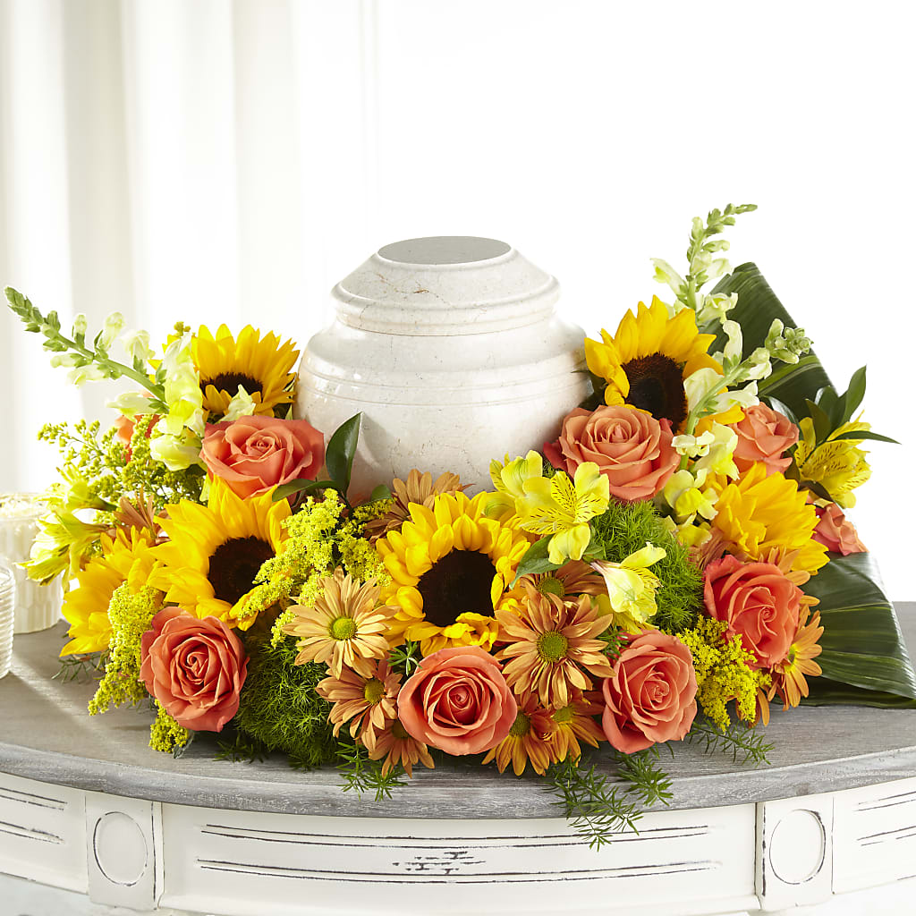 Faithful Sunflower Cremation Adornment – Flowers By Marianne, Hampton Falls NH