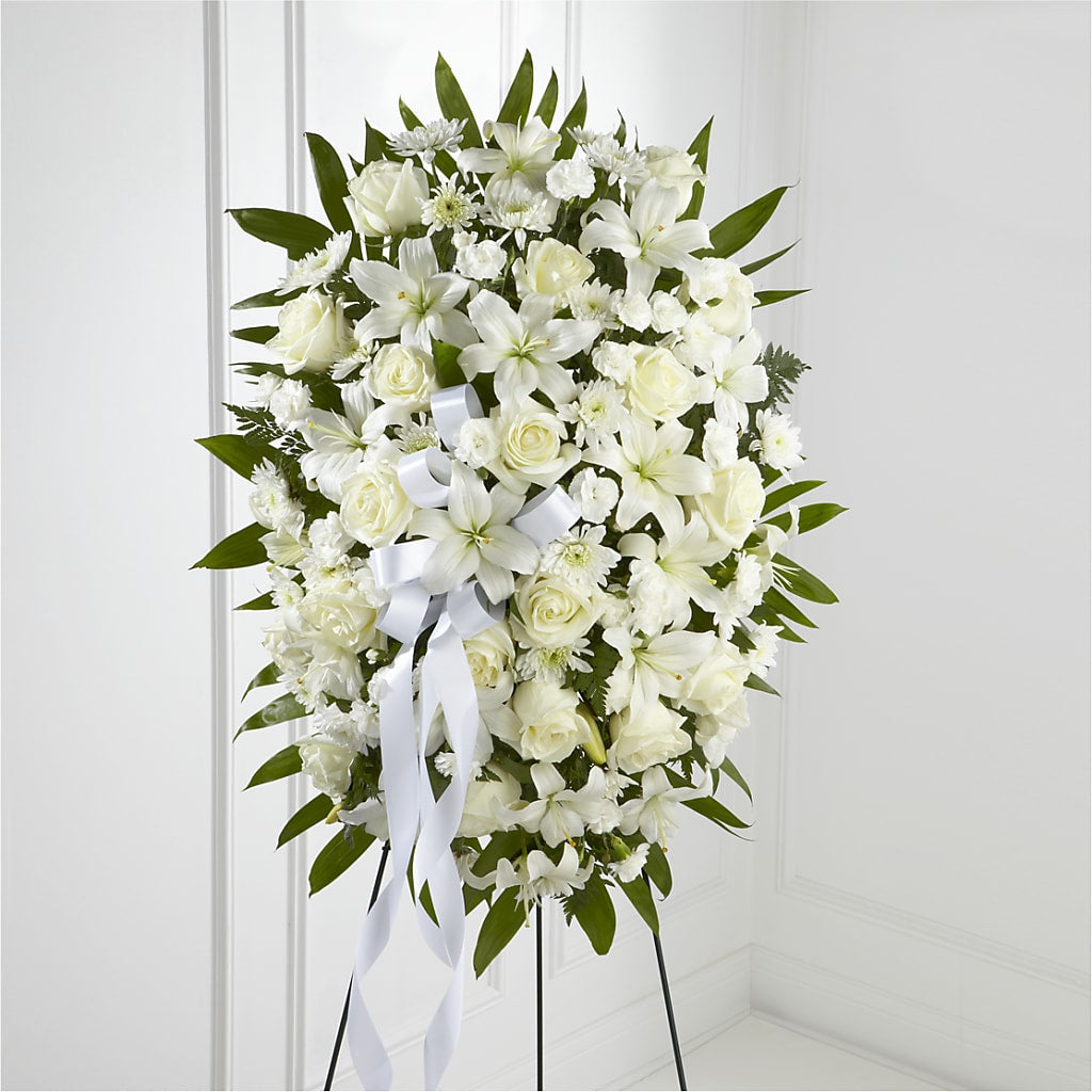 Exquisite Tribute Standing Spray-White Ribbon – Flowers By Marianne, Hampton Falls NH