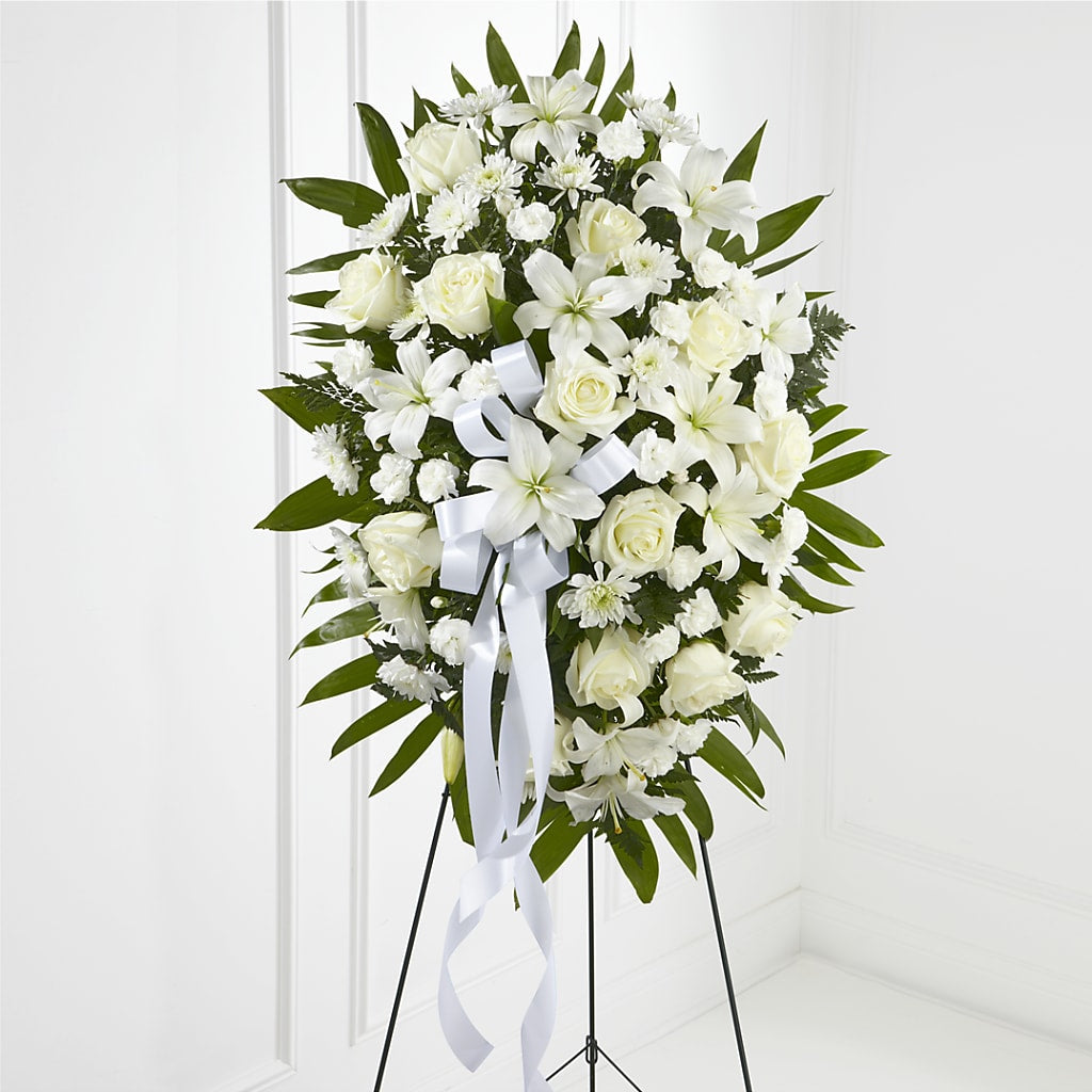 Exquisite Tribute Standing Spray-White Ribbon – Flowers By Marianne, Hampton Falls NH