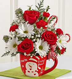 Red roses and white daisies with winter greens in a mug