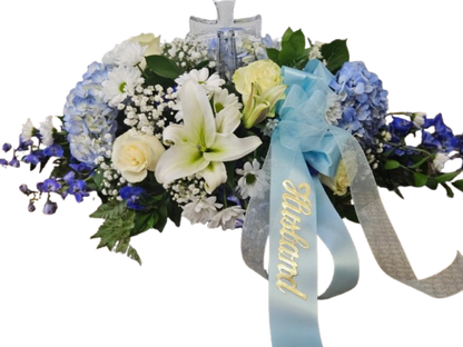 Blue and White Casket Cover with Crystal Cross –  Flowers By Marianne, Hampton Falls NH