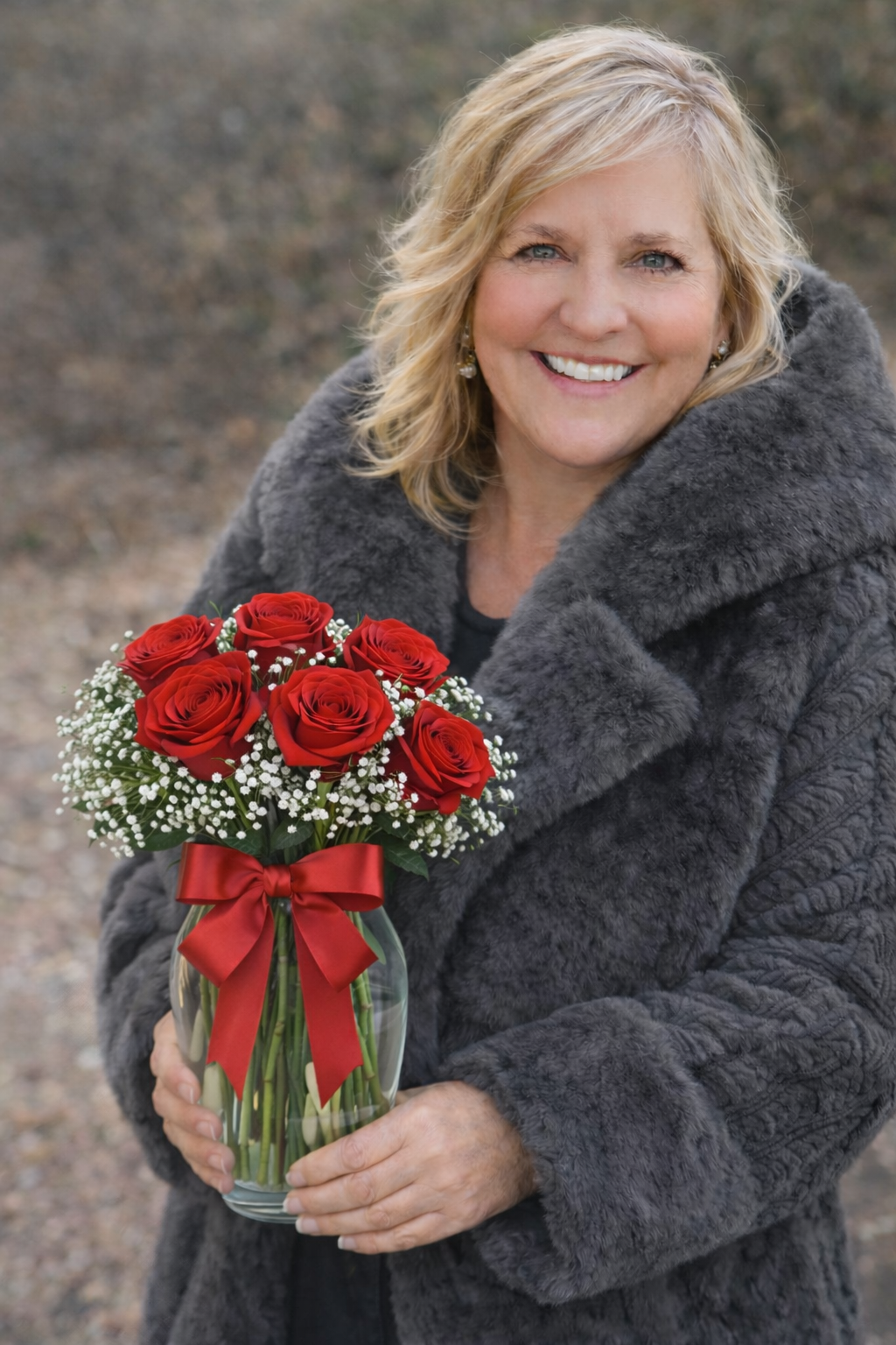 Stylish Faux Fur Coat & Roses Package